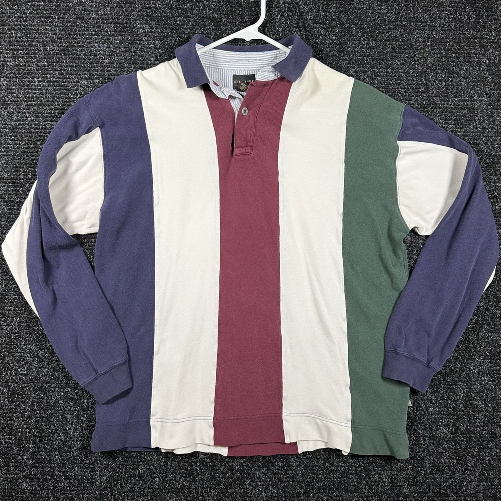 Structure Rugby Shirt Mens M Multicolor Long Sleeve Vertical Stripe